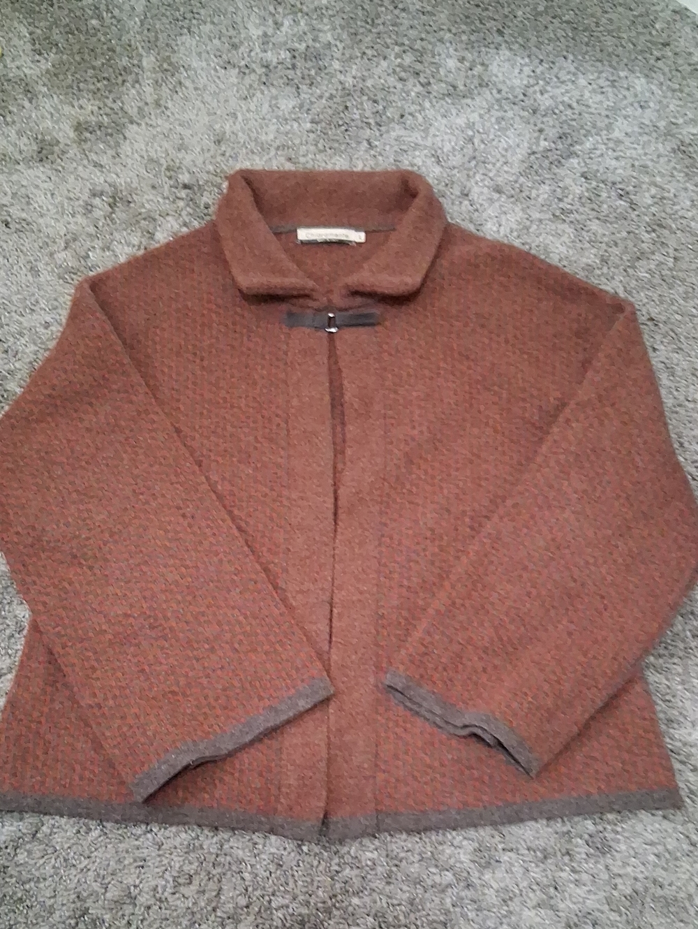 Collared Wool Blend Knit Open Front Cardigan - Chevron - L - Rust Gray